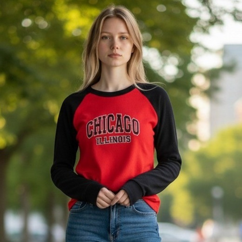 Rue21 Chicago Illinois Graphic Baseball Tee Red Black Ribbed Knit Raglan Medium